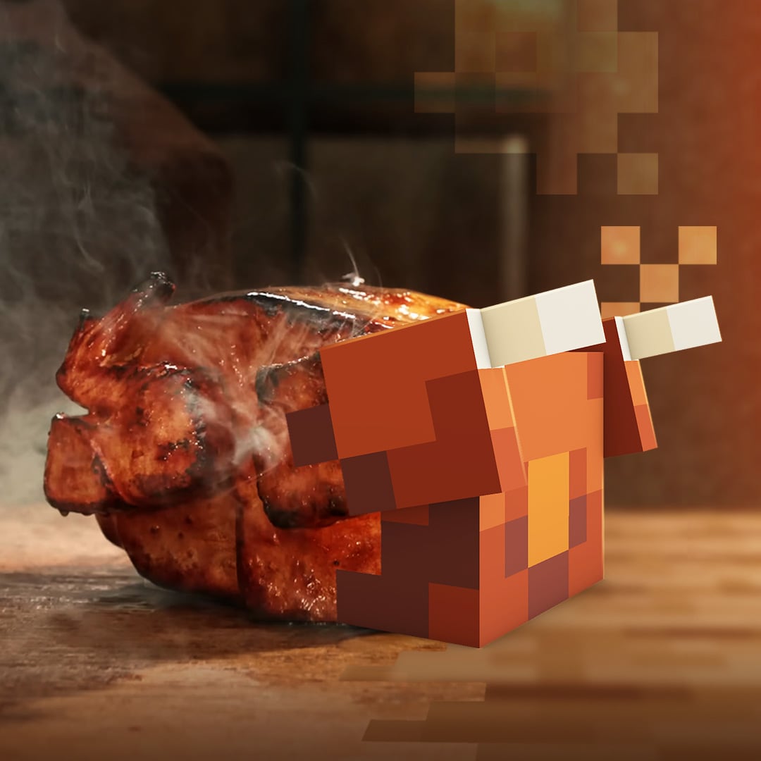 Una imagen de un pollo entero contra el fondo de lava, con estilos artísticos divididos: un estilo fotorrealista a la izquierda y un estilo de bloques de Minecraft a la derecha. Un logotipo de la película Minecraft en la parte superior con el texto “LAVA CHICKEN” debajo.