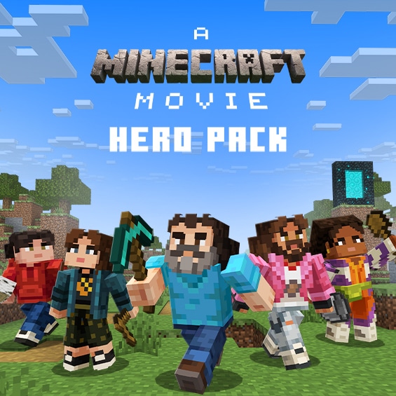 Una imagen de la Superficie en el juego con cinco aspectos de jugador inspirados en personajes de Una película de Minecraft (de izquierda a derecha): Henry, Natalie, Steve, Garrett y Dawn. Al fondo se ve un portal a la Tierra en lo alto de una pequeña colina. El texto en la parte superior de la imagen dice: Pack del héroe de Una película de Minecraft