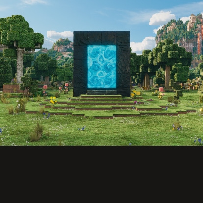 Un portal azul golpea en lo alto de una pequeña colina cubierta de hierba en medio de un bosque