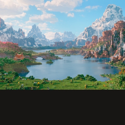 Un brillante mundo Minecraft con hierba, árboles, montañas y un lago