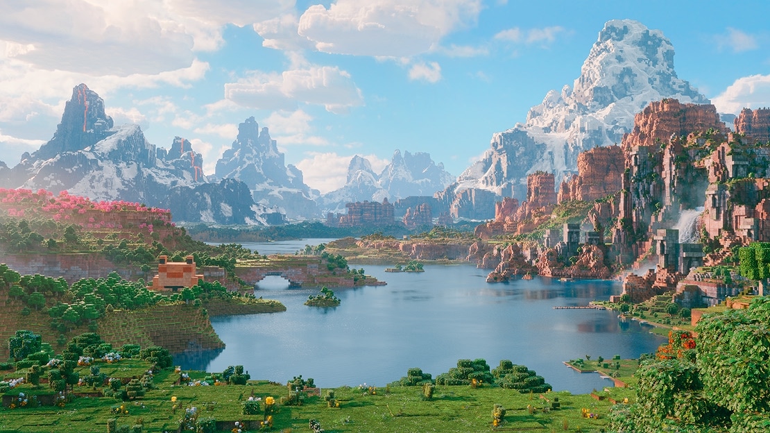 Un brillante mundo Minecraft con hierba, árboles, montañas y un lago