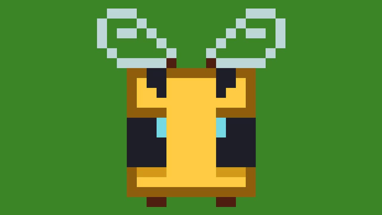 A 2d texture of a Minecraft bee on top of a green background