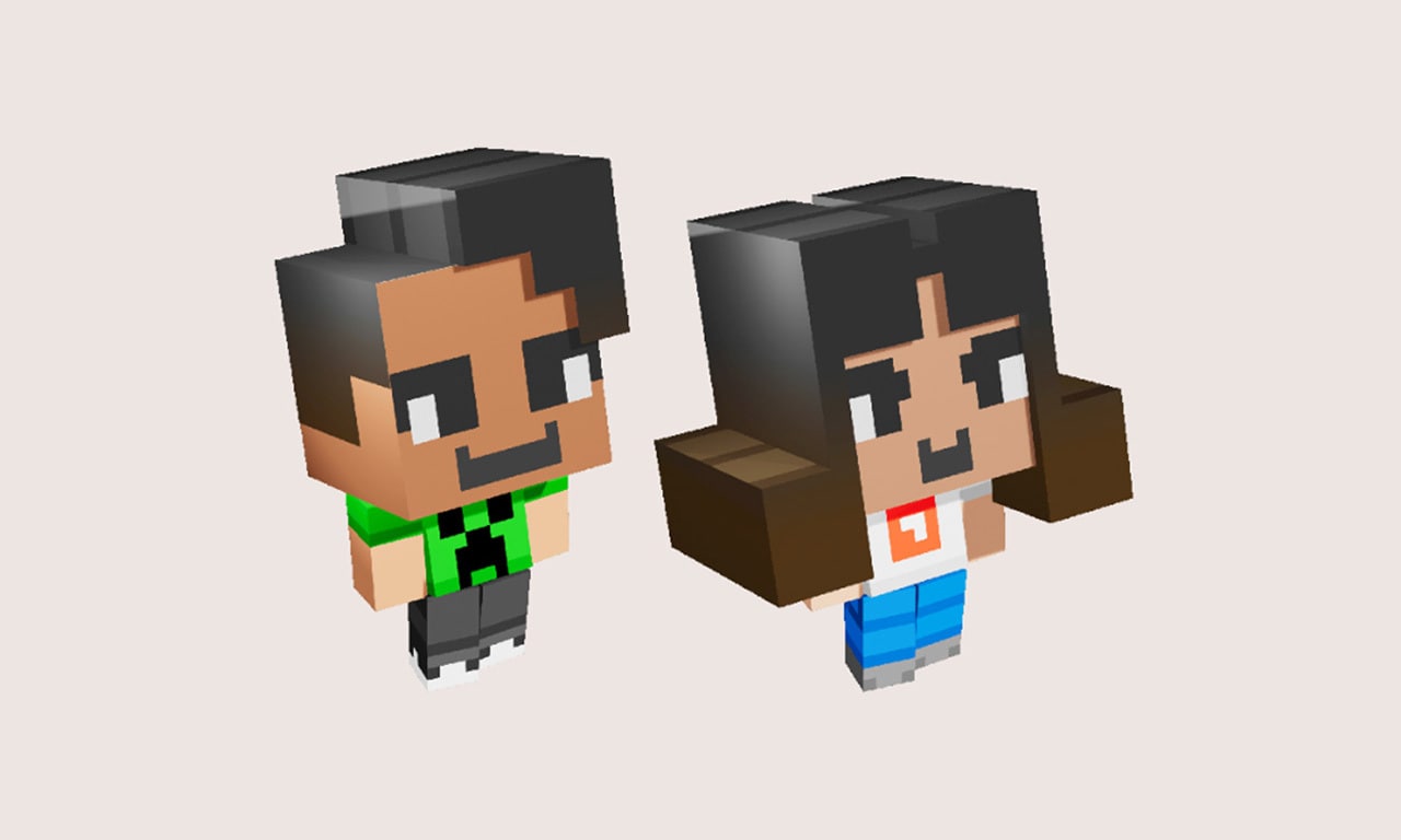 Two blocky 3D characters in a Minecraft-style, one wearing a green shirt and the other a white shirt, both smiling.