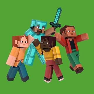 Four Minecraft characters pose together on a green background, including one wearing diamond armor and holding a sword.