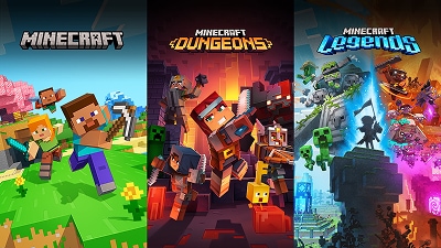Arte promocional de 3 juegos: Minecraft mostrando a Steve, Alex y un personaje con alas en un bioma brillante. Minecraft Dungeons luchando contra criaturas en una cueva oscura. Minecraft Legends con un héroe parado entre dos ejércitos opuestos.