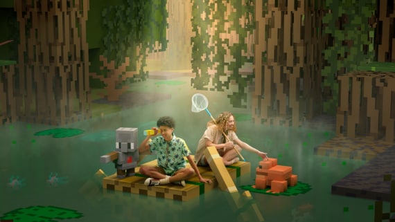 Two children sitting on a wooden raft and one child holds a paddle, while another sits and a small robot watches.