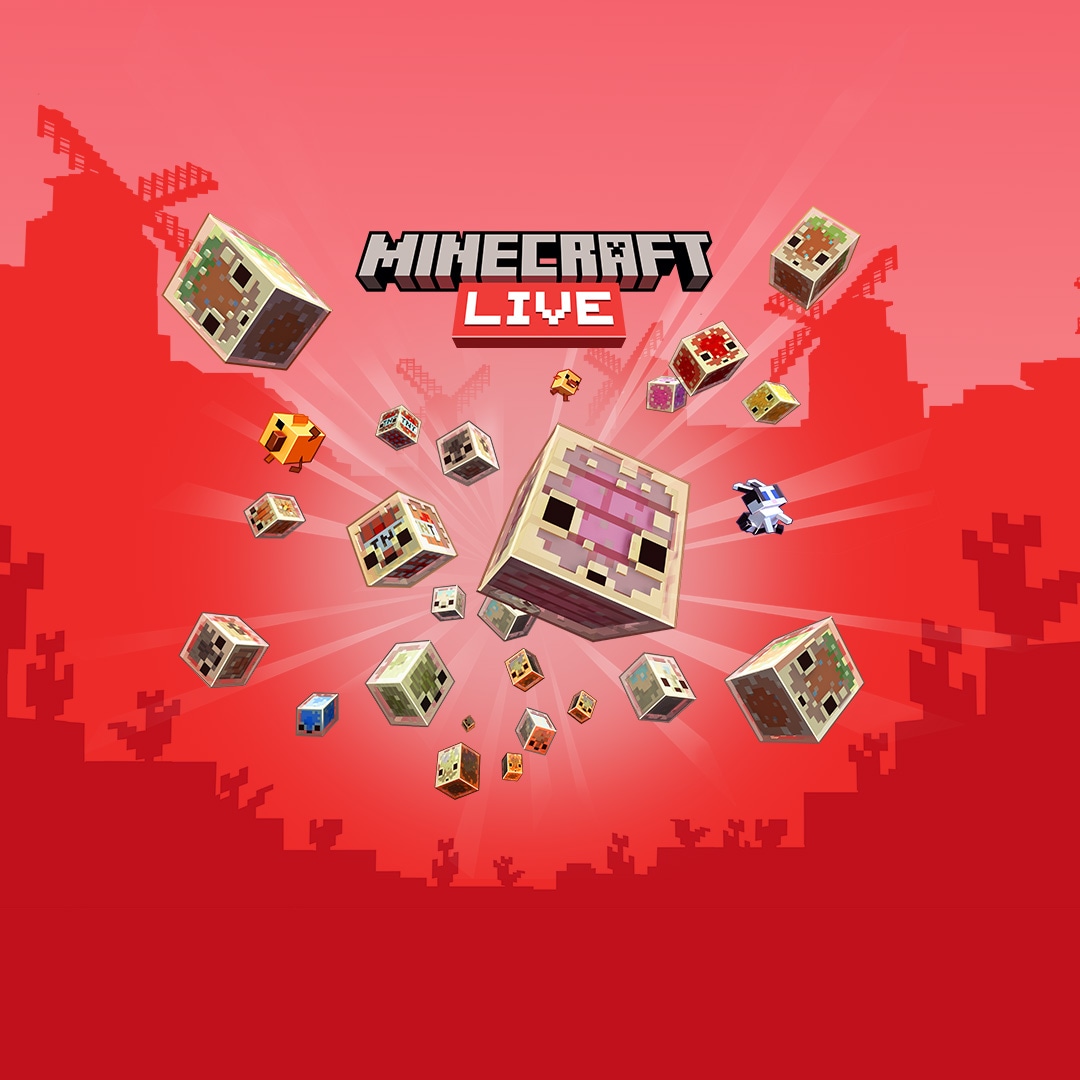 A variety of Minecraft sulfur blocks and mobs burst forth from a central light against a vibrant red background. Text reads: Minecraft LIVE.