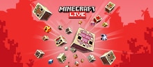 A variety of Minecraft sulfur blocks and mobs burst forth from a central light against a vibrant red background. Text reads: Minecraft LIVE.