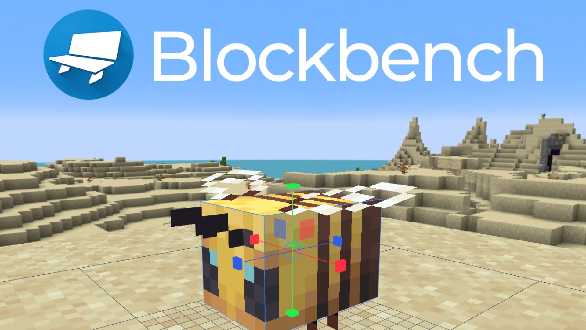 Blockbench logosunun altında kumun üzerinde bir arı yatıyor
