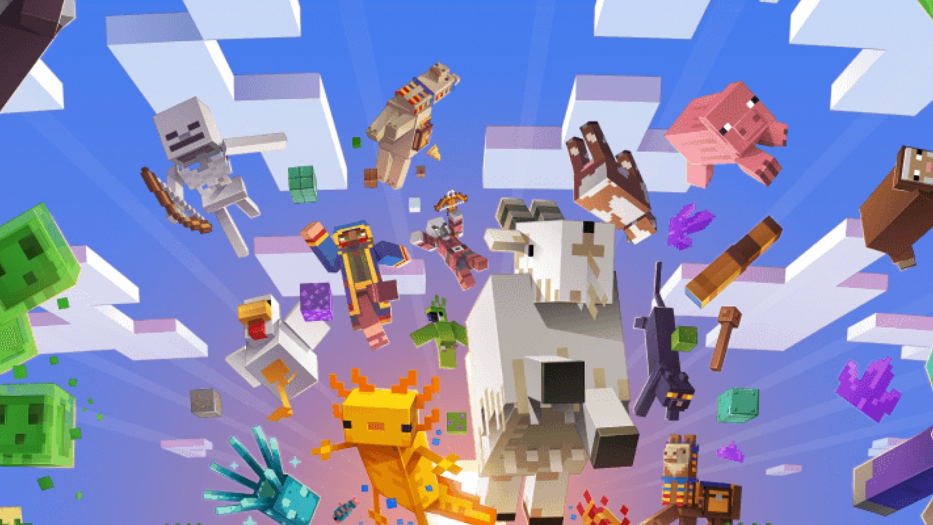 Çeşitli mobların, hayvanların ve karakterlerin hareket halinde olduğu renkli Minecraft sahnesi