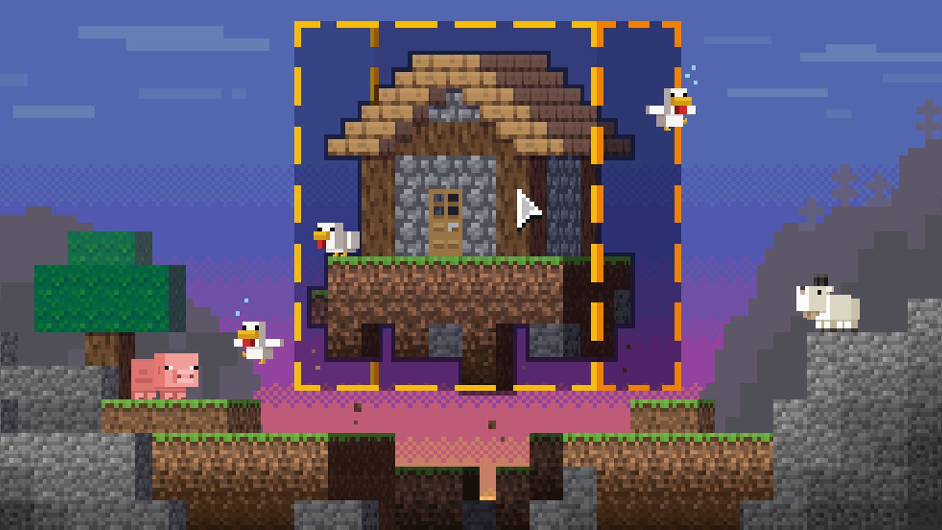 Bir imleç Minecraft'ta bir evi seçip taşıyor
