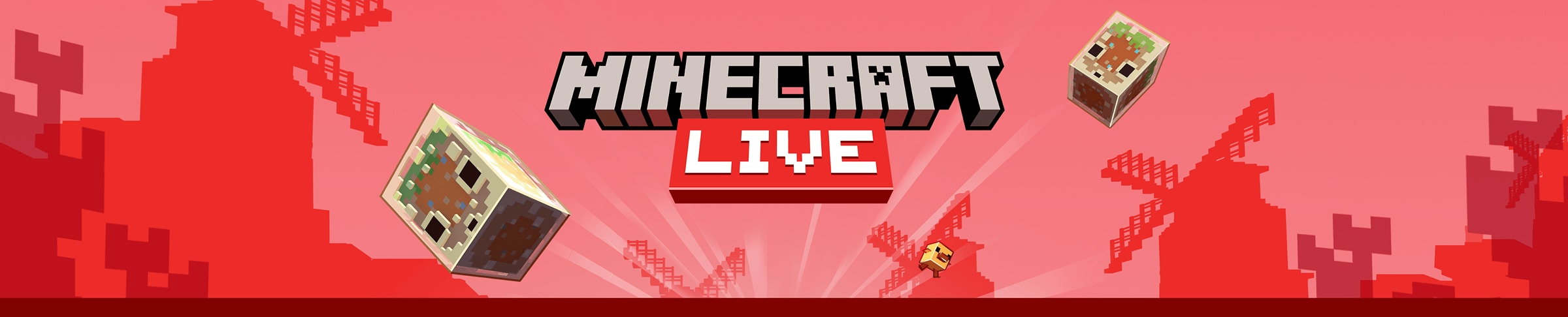 Une multitude de blocs de soufre et de créatures de Minecraft jaillissent d’une source lumineuse centrale sur un fond rouge vif. Texte affiché : Minecraft LIVE.