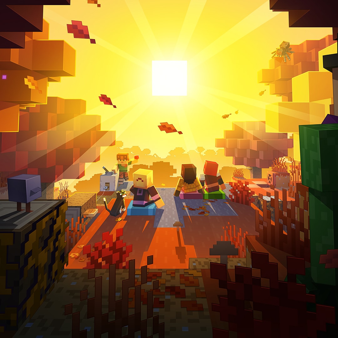 Minecraft players sit on cushions in a fall-like forest while looking at a brigh