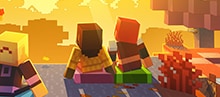 Minecraft players sit on cushions in a fall-like forest while looking at a brigh