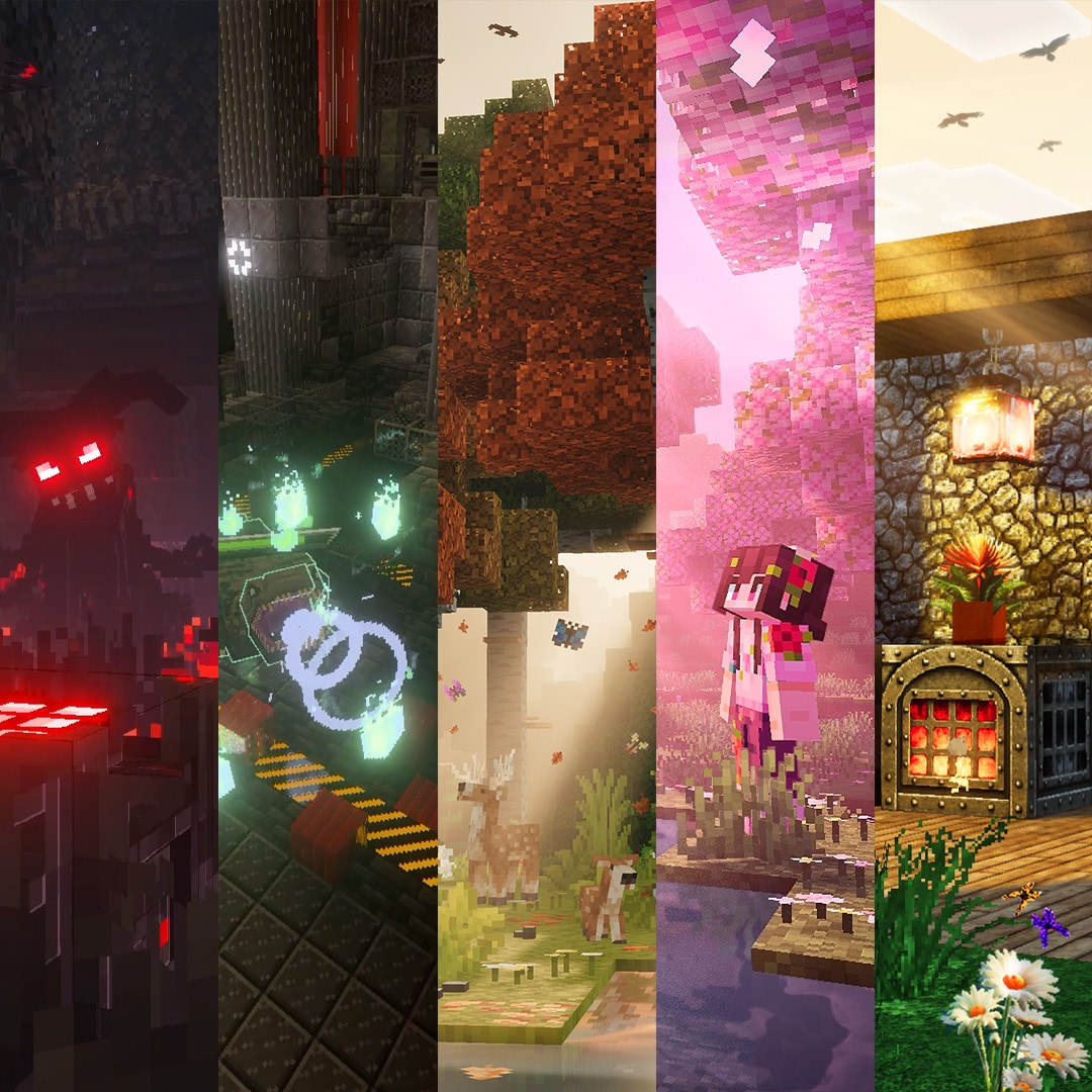 Five Minecraft scenes: dark cavern, sci-fi lab, autumn forest, pink blossom dock, and cozy stone cottage.