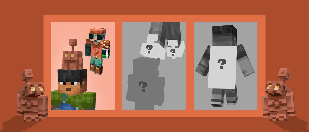 Three Minecraft panels: left shows colorful characters with copper golems, middle and right show grayscale figures with question marks.