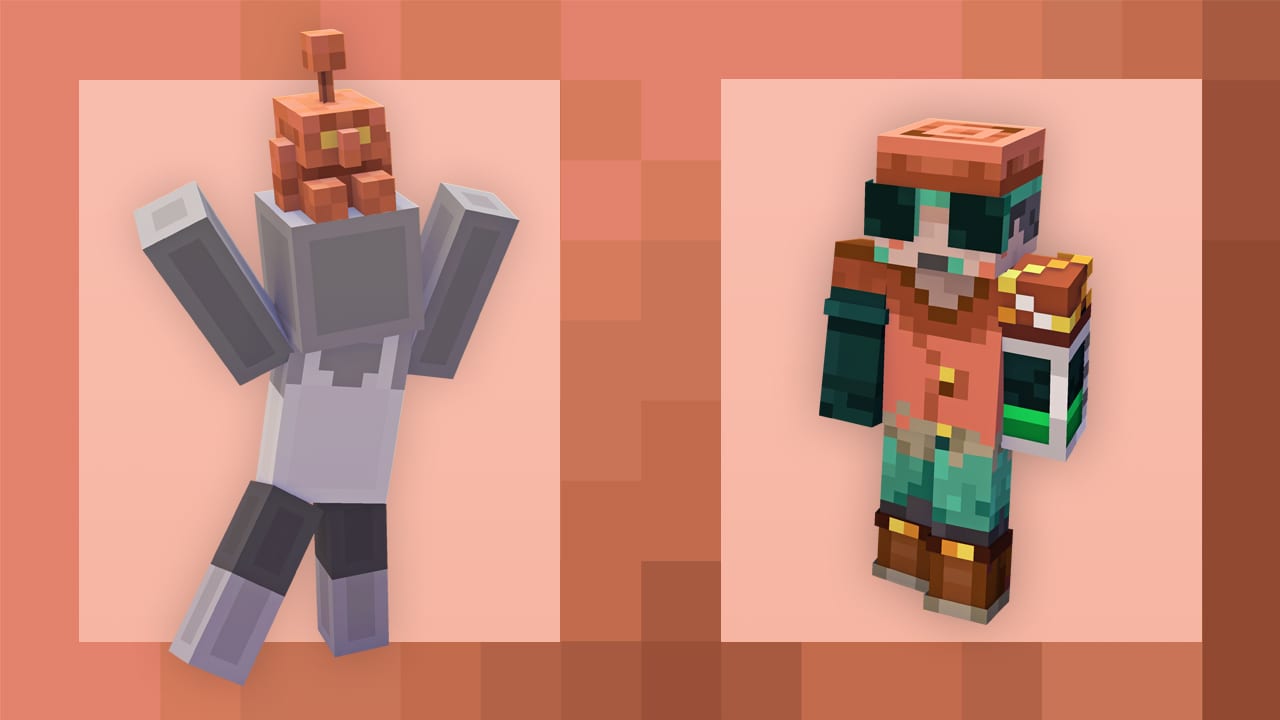 Two Minecraft characters on a peach background: left is gray with a copper golem head, right is colorful in copper-themed armor.
