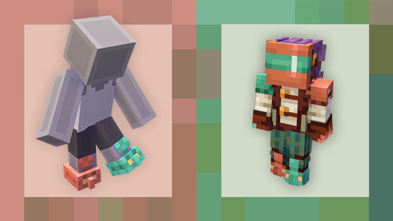 Two Minecraft-style characters: one gray figure with colorful boots on the left, and a vibrant armored character with teal, orange, and purple accents on the right