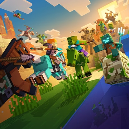 Vários personagens de Minecraft carregam lanças enquanto participam de disputas de justa em um cânion. Um afogado monta um náutilo em um rio enquanto empunha um tridente.