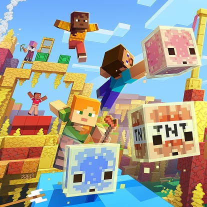 Minecraft characters run across colorful sulfur blocks as sulfur cubes containing blocks like ice, lava, and TNT bounce through the scene.
