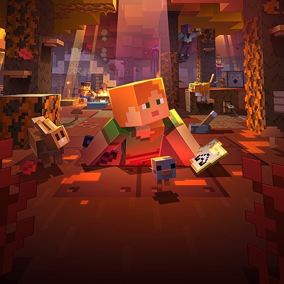 Alex pops up from a hole in an amber-hued forest holding a sword and a map. A sign says: Lost trails ahead!