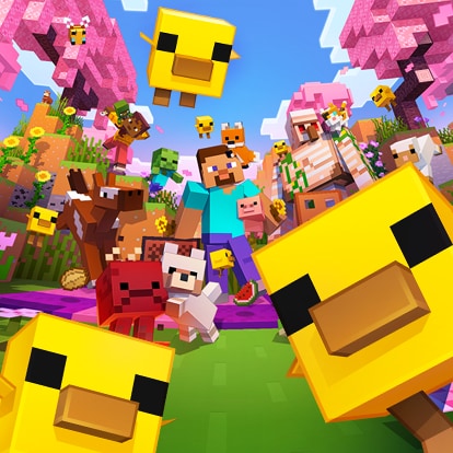 Steve e um golem de ferro fazem um piquenique em um bosque de cerejeiras enquanto pequenas galinhas e outras criaturas se reúnem ao redor deles.