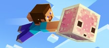 Minecraft characters run across colorful sulfur blocks, while a skeleton shoots arrows and sulfur cubes containing blocks like ice, lava, and TNT bounce through the scene.