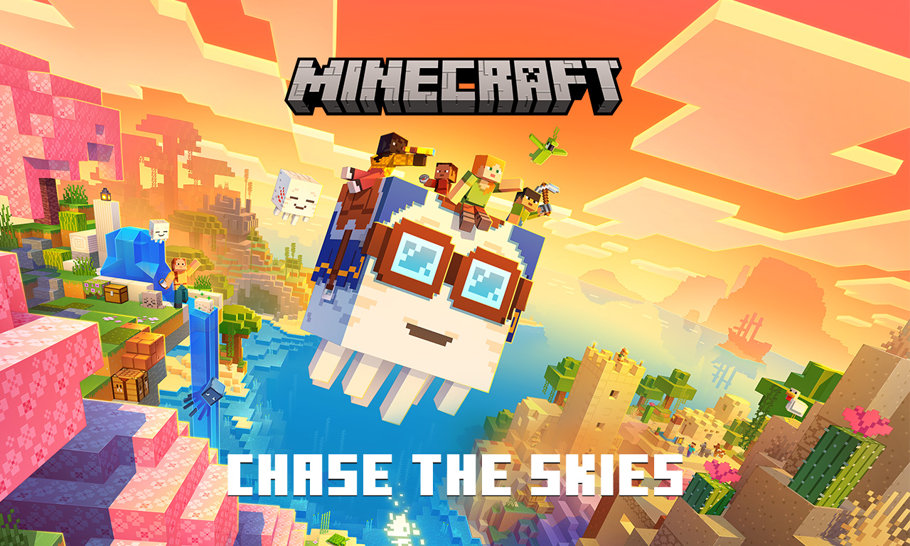 4 karakter tepeler ve suyun üzerindeki parlak, güzel bir gökyüzünde mutlu bir hortlak canavarına biniyor. Yerdeki diğer insanlar ve canavarlar onlara bakıyor. Metinde yazan: Minecraft Chase the Skies