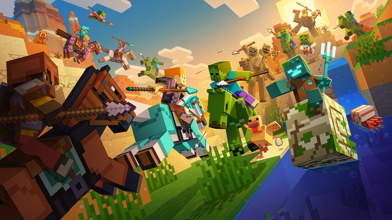Birkaç Minecraft karakteri kanyondaki düello turnuvaları sırasında mızraklarını kuşanmışlar. Boğulmuşlardan biri bir notilusa binerken elinde üç uçlu mızrağını sallıyor.
