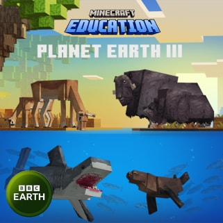 The blocky giraffe and gorilla above water; shark and sea lion below. Text reads: Minecraft Education Planet Earth III.