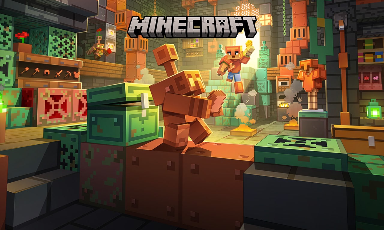 Minecraft Dungeons'da bakır temalı bir zindanda zırhlı bir oyuncu bakır goleme doğru atılıyor