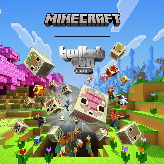 A variety of sulfur cubes, mobs, and characters flying through the Overworld. Overlayed are the Minecraft and TwitchCon Europe logos.