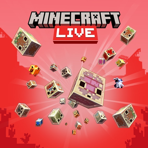 A variety of sulfur cubes, mobs, and characters flying over a red background. Overlayed is the Minecraft Live logo.