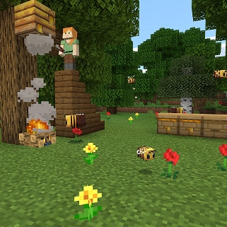Alex coleta mel de uma colmeia enquanto abelhas voam entre as flores próximas
