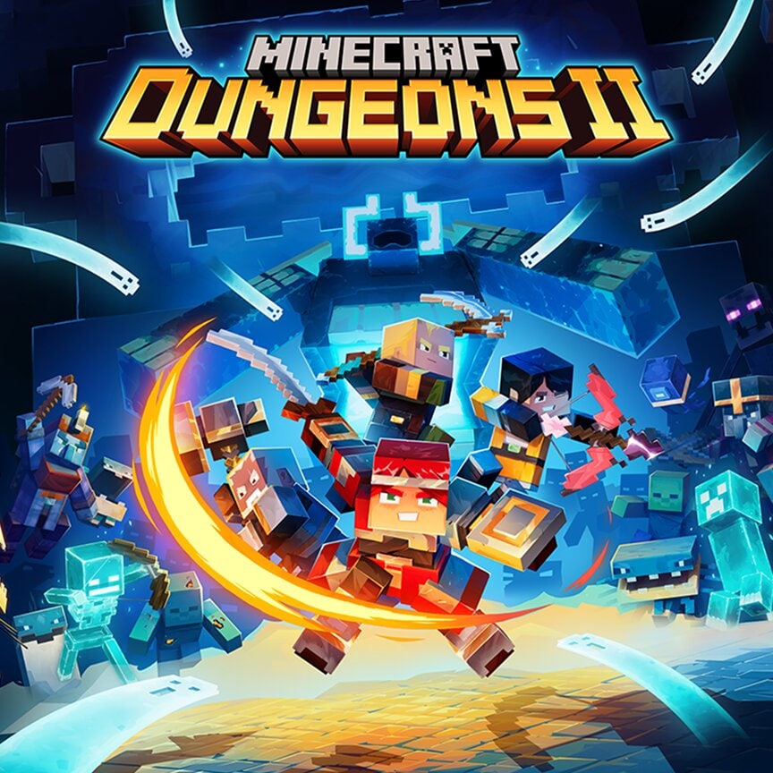 Minecraft Dungeons II logo above heroes battling monsters in a glowing blue dungeon.