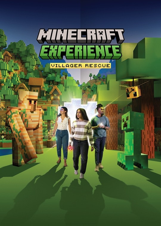 Várias pessoas atravessam um portal para o mundo do Minecraft, com monstros e uma vila ao fundo. A legenda diz: Minecraft Experience: Villager Rescue.