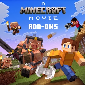 Un grupo de Piglins persigue a un personaje de Minecraft con un hacha, debajo del texto: Complementos de Una película de Minecraft