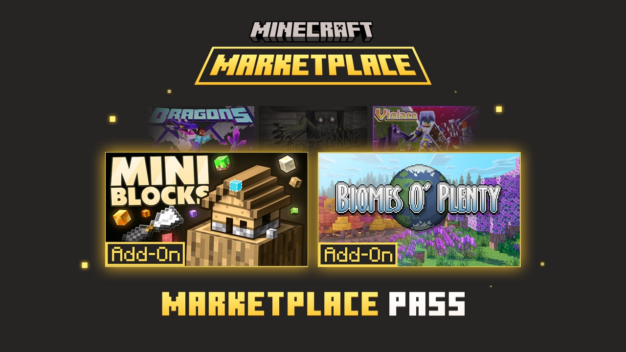 A banner for Minecraft Marketplace Pass, featuring two images depicting mini games.