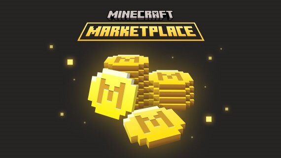 Ilustración del mercado de Minecraft con Minecoins, representadas como monedas de oro pixeladas con la letra “M” y un efecto brillante.