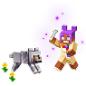 Un personaje de Minecraft sostiene un hueso en el aire para darle a un lobo.