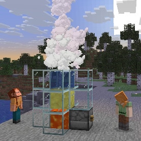 Alex and Ari are standing on a stony shoreline around a contraption with a dispenser that has dispensed lava under a Potent Sulfur block. A geyser is erupting above the potent sulfur. Alex is looking at a button on the dispenser, while Ari is looking at the geyser. The sun is rising over a birch forest in the background.