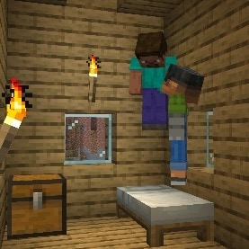 Steve and Sunny are jumping in a white bed inside a Plains village house 