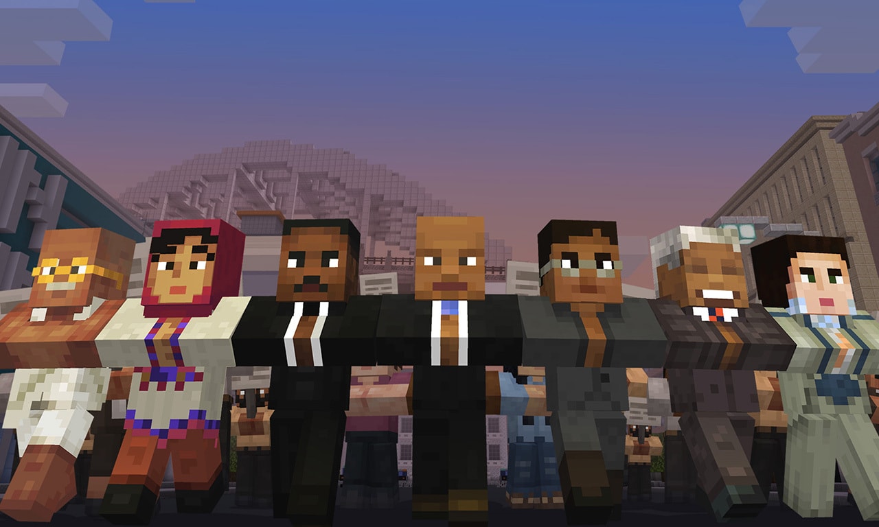 A group of Minecraft characters, representing civil rights leaders from different times and places, are walking together at the front of a demonstration on a city street.