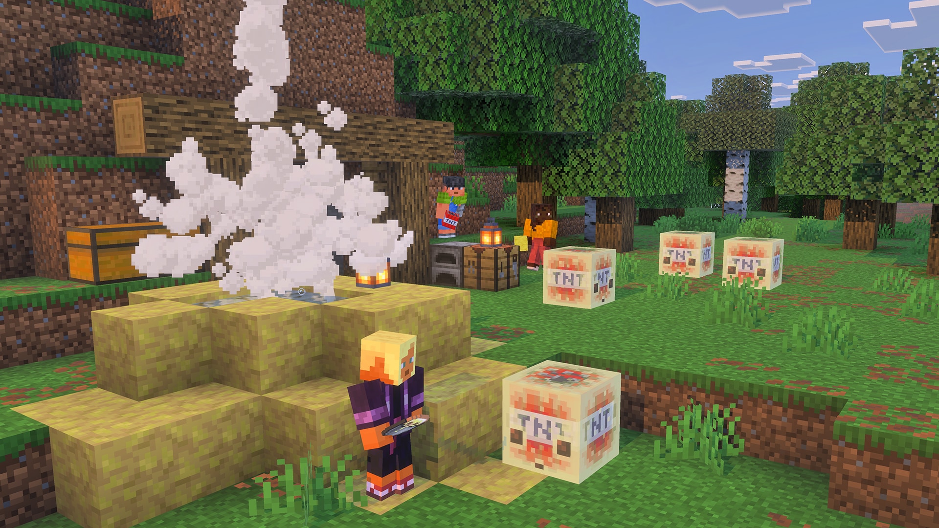Three player characters and four sulfur cubes that have absorbed TNT blocks next to a geyser.