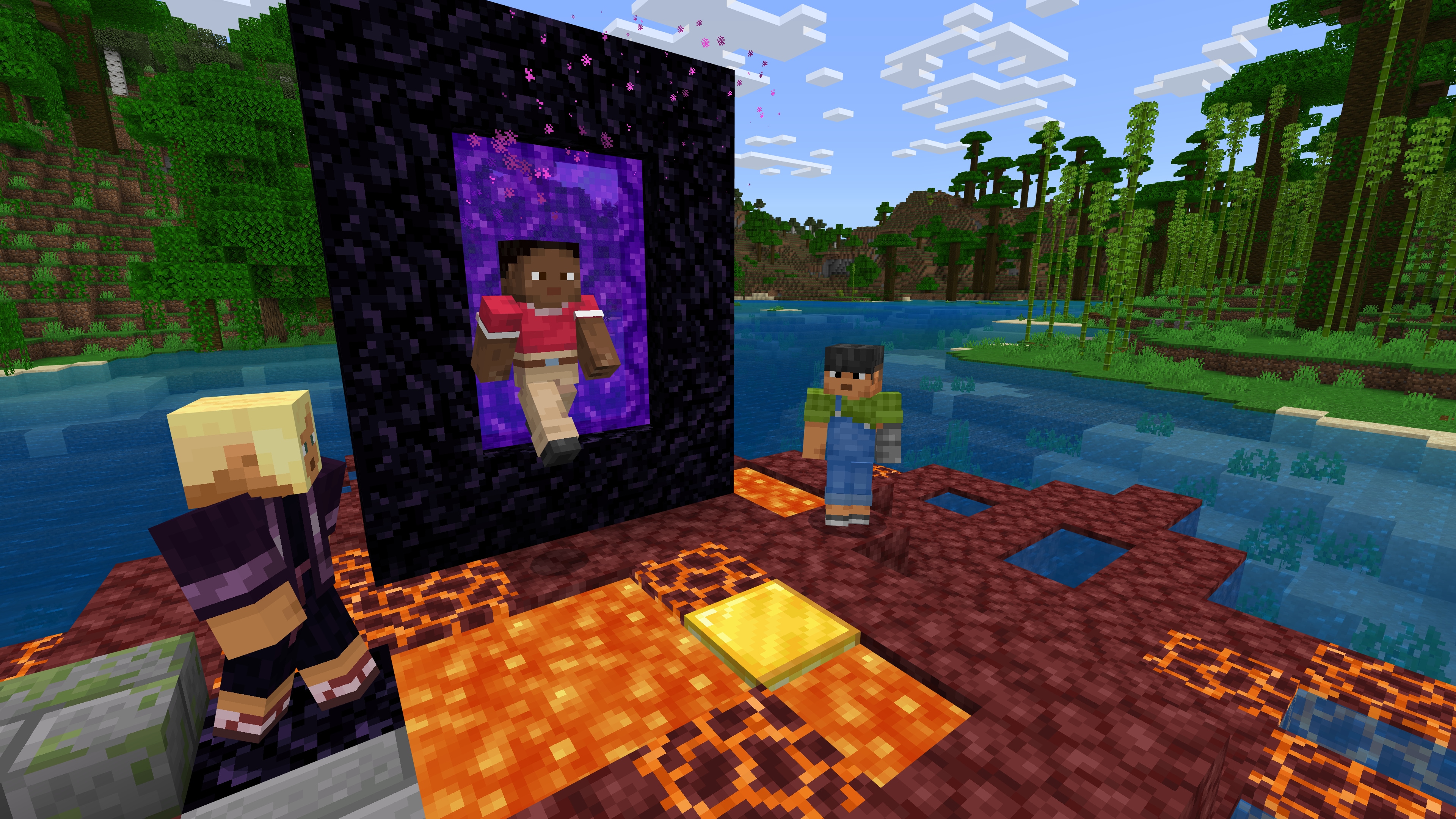 Tres personajes de Minecraft se encuentran sobre una plataforma de lava en medio de un bosque junto a un lago, uno de ellos saliendo de un portal violeta.