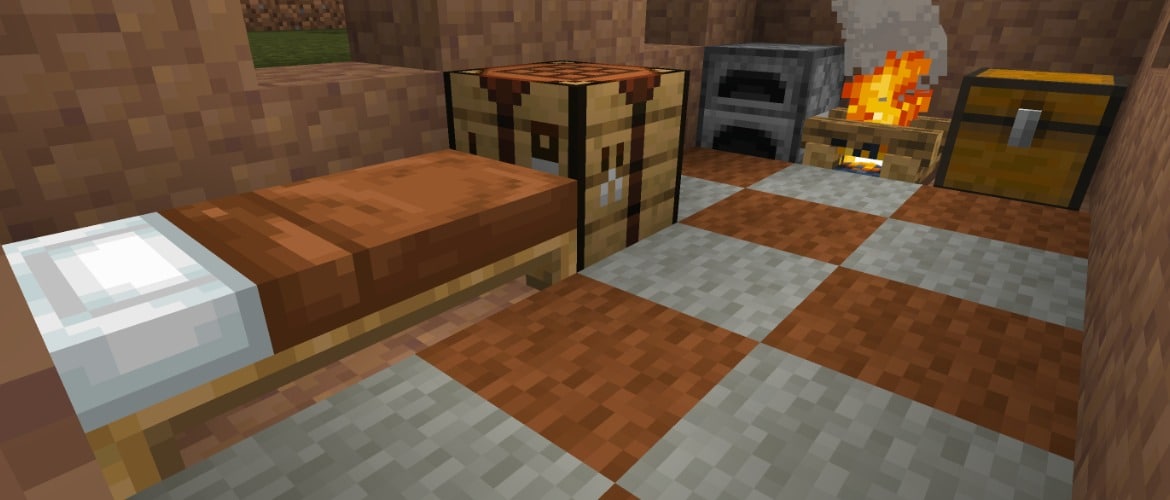 A Minecraft screenshot of a carpet inside a cozy dirt house.