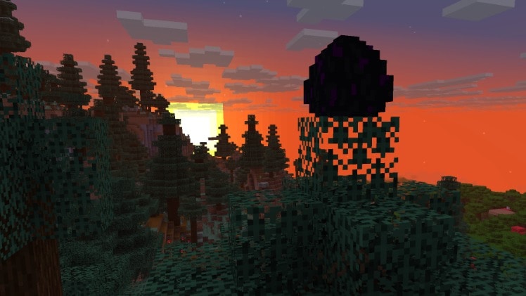 A screenshot of the Overworld drying sunset, with a dragon egg in the foreground.