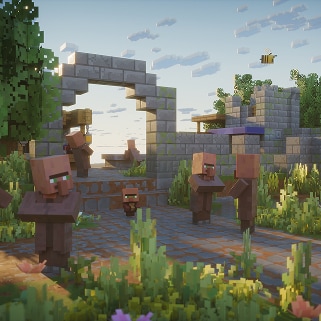 Minecraft villagers stand around an overgrown structure.