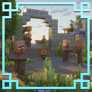 Aldeões de Minecraft estão reunidos ao redor de estruturas cobertas pela vegetação.