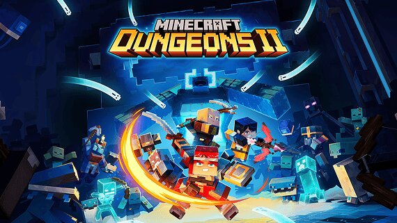 Logotipo de Minecraft Dungeons II acima de heróis enfrentando monstros em uma masmorra iluminada por um brilho azul.